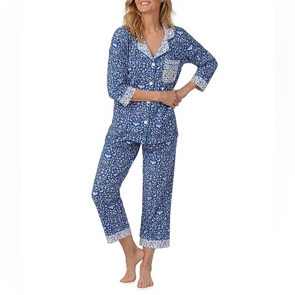 Bedhead Through The Woods Knit 3/4 Sleeve Notch Collar Cropped Pajama Set Medium - Picture 1 of 10